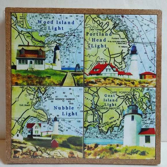 The Traveled Lane Maine Coast Lighthouse 4 Pc Coasters Trivet Ceramic Nautical Kitchen